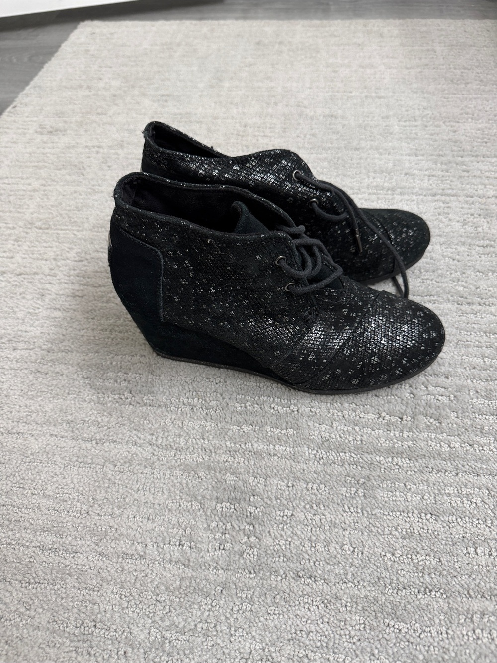 TOMS Black Glitter Lace-Up Wedge Booties
